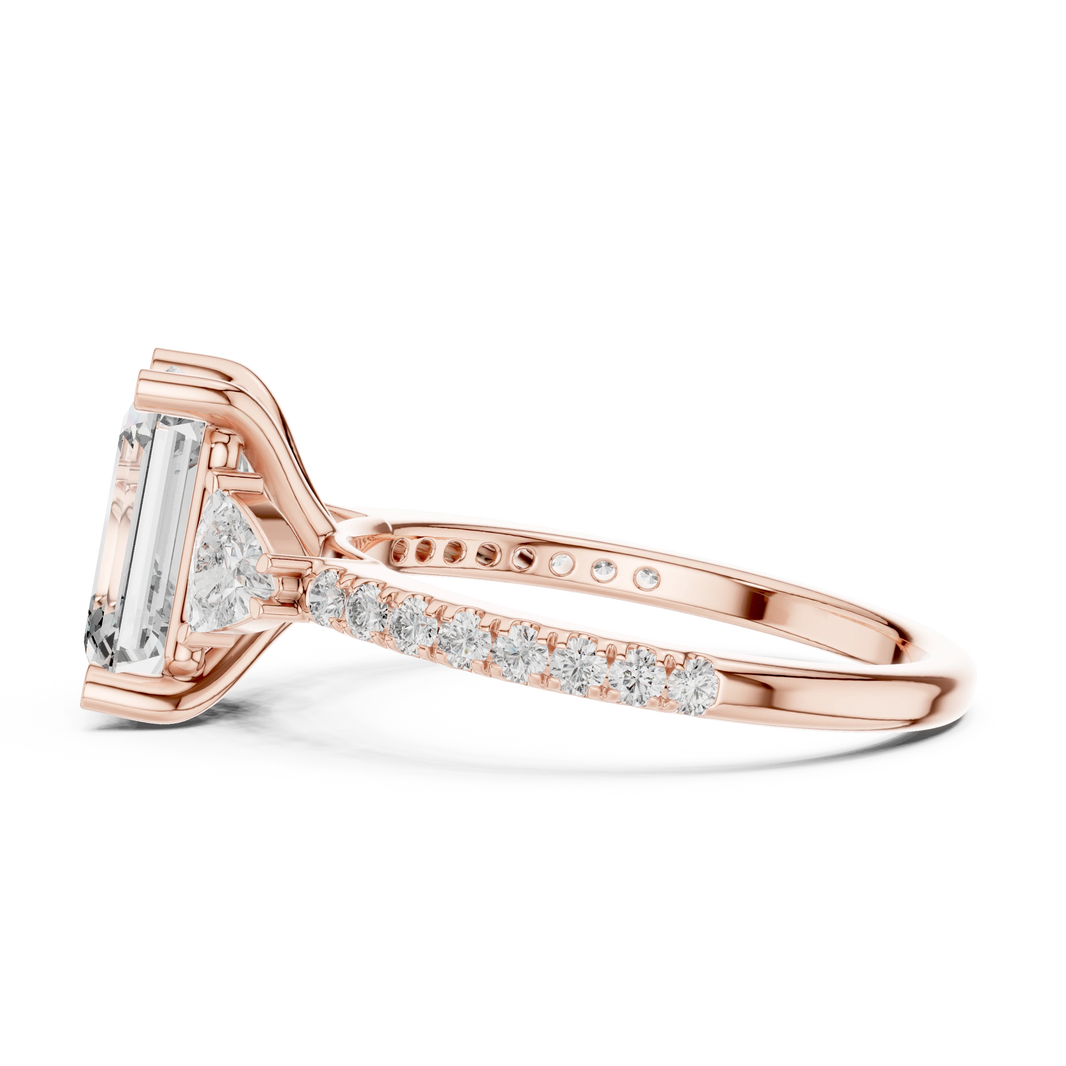 Emerald Cut Trillion Three Stone Pavé Moissanite Ring in rose 925 sterling silver, view 3