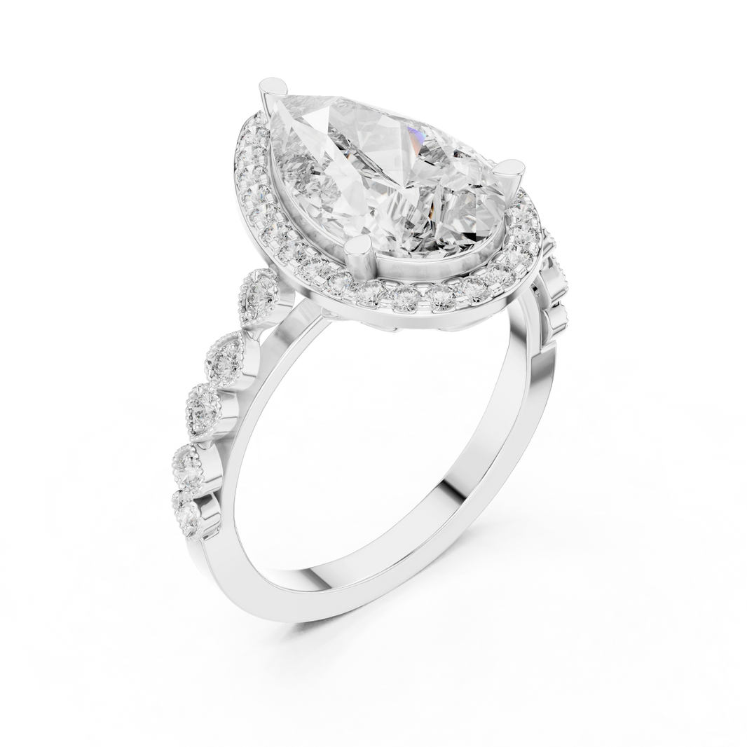 Pear Halo Vintage Milgrain Moissanite Engagement Ring in white 925 sterling silver, view 2