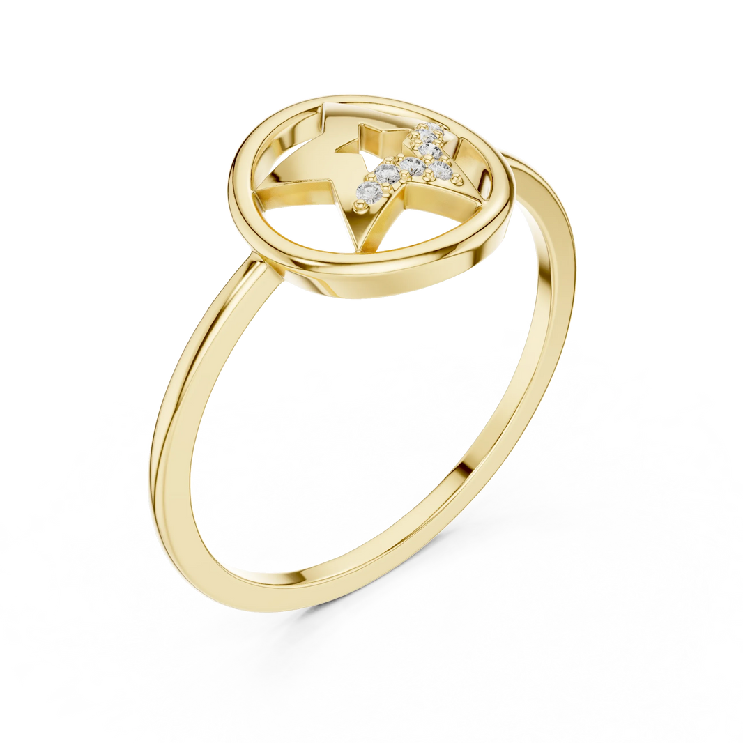 Open Circle Star Pavé Accent Moissanite Ring in yellow 925 sterling silver, view 2