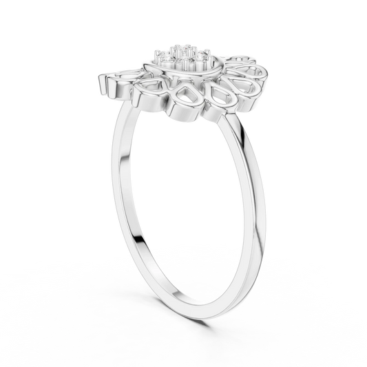 Openwork Daisy Petal Flower Cluster Moissanite Ring in white 925 sterling silver, view 1