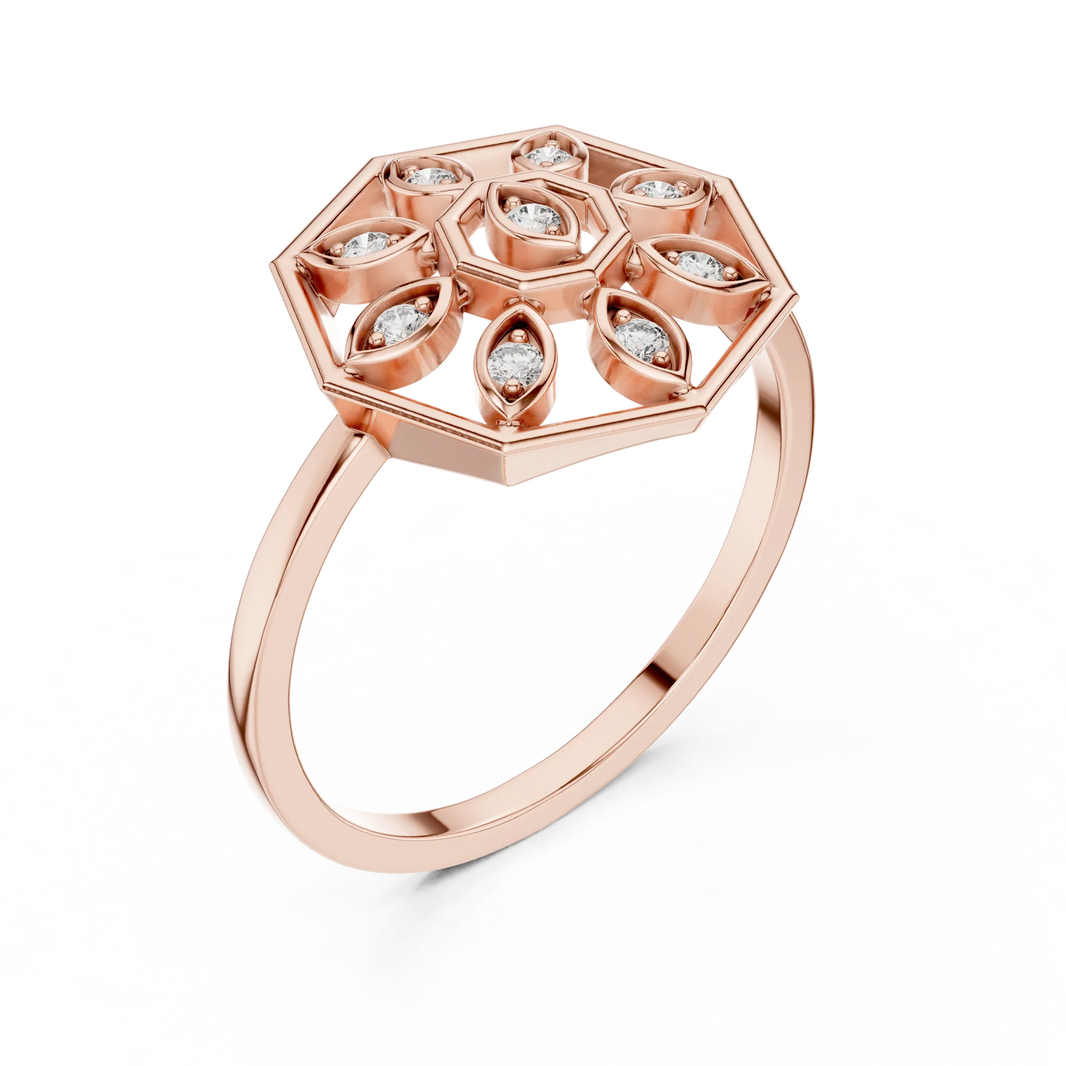 Octagon Marquise Petal Mandala Moissanite Ring in rose 925 sterling silver, view 2