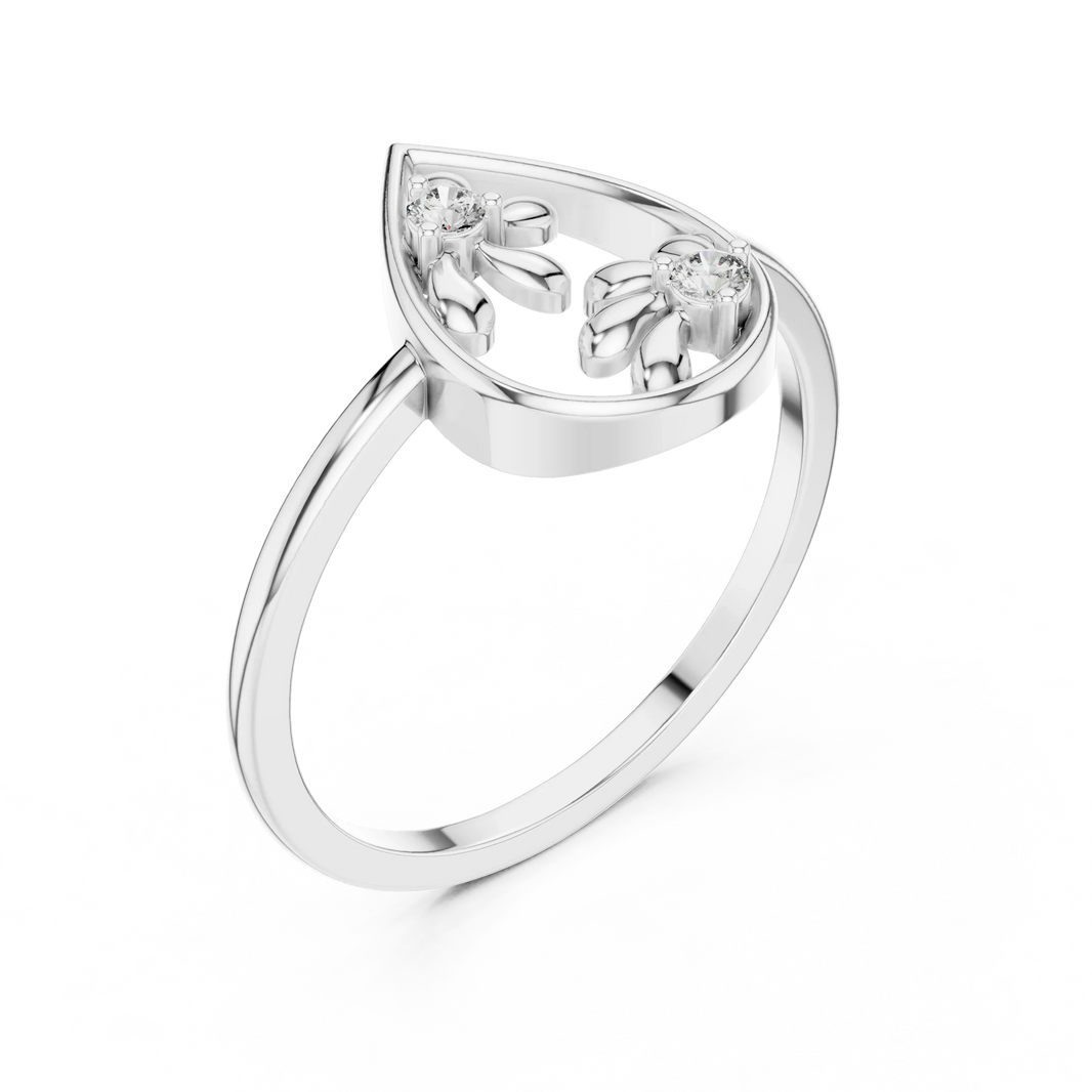 Open Pear Frame Twin Daisy Moissanite Ring in white 925 sterling silver, view 2