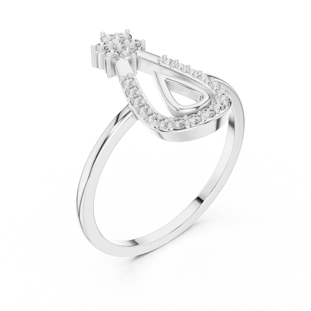 Pavé Open Pear with Flower Cluster Top Moissanite Ring in white 925 sterling silver, view 2