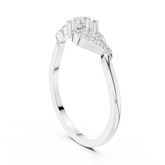 Bypass Swirl Leaf Flower Cluster Moissanite Ring in white 925 sterling silver, view 1