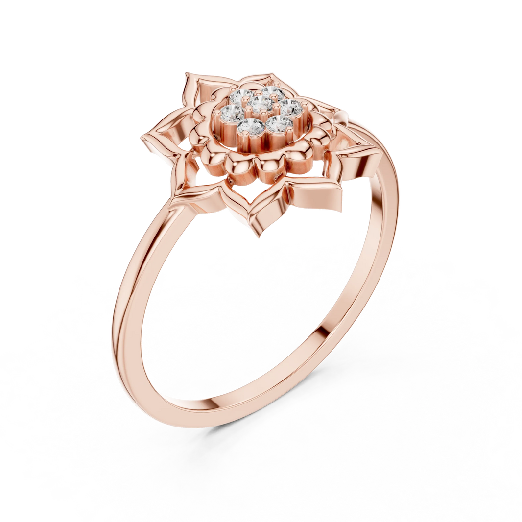 Lotus Mandala Flower Cluster Moissanite Ring in rose 925 sterling silver, view 2