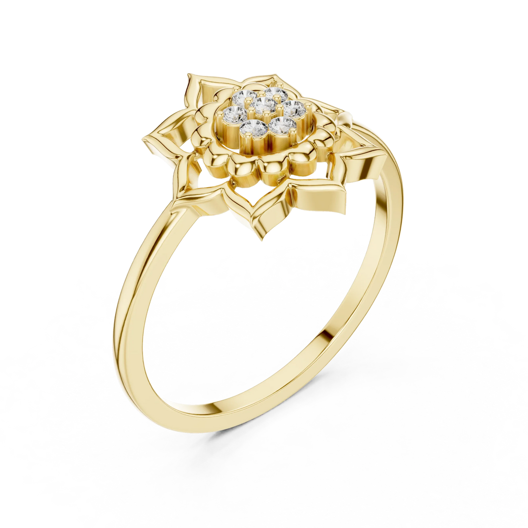 Lotus Mandala Flower Cluster Moissanite Ring in yellow 925 sterling silver, view 2