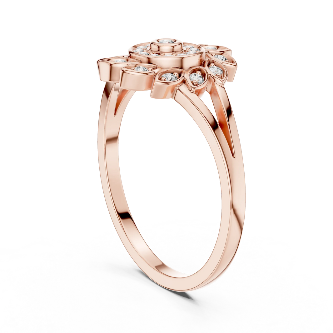 Pinwheel Leaf Bezel Halo Flower Moissanite Ring in rose 925 sterling silver, view 1