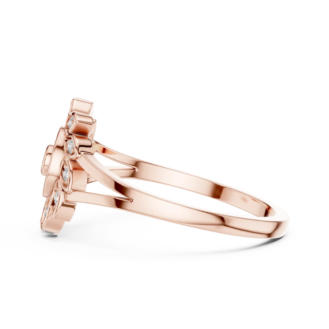 Pinwheel Leaf Bezel Halo Flower Moissanite Ring in rose 925 sterling silver, view 3
