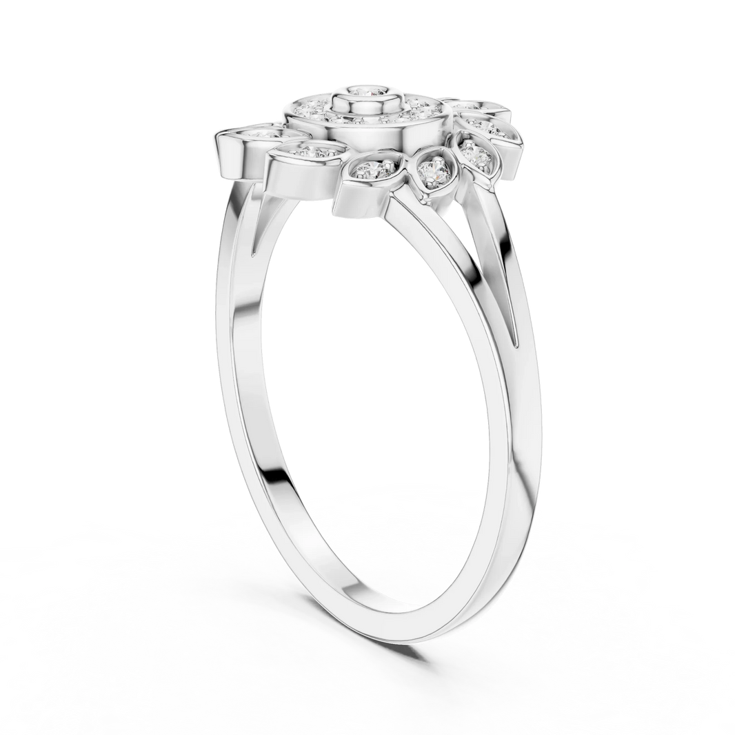 Pinwheel Leaf Bezel Halo Flower Moissanite Ring in white 925 sterling silver, view 1