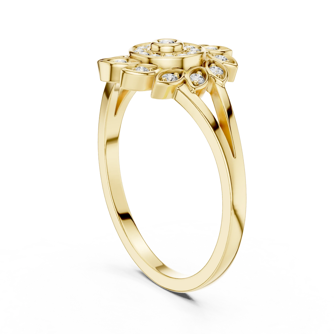 Pinwheel Leaf Bezel Halo Flower Moissanite Ring in yellow 925 sterling silver, view 1