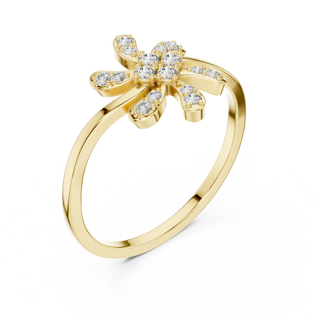 Six Petal Pinwheel Flower Wavy Bypass Moissanite Ring in yellow 925 sterling silver, view 2