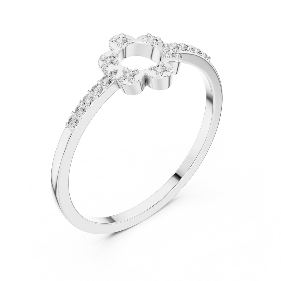 Open Six Petal Flower Pavé Shoulder Moissanite Ring in white 925 sterling silver, view 2