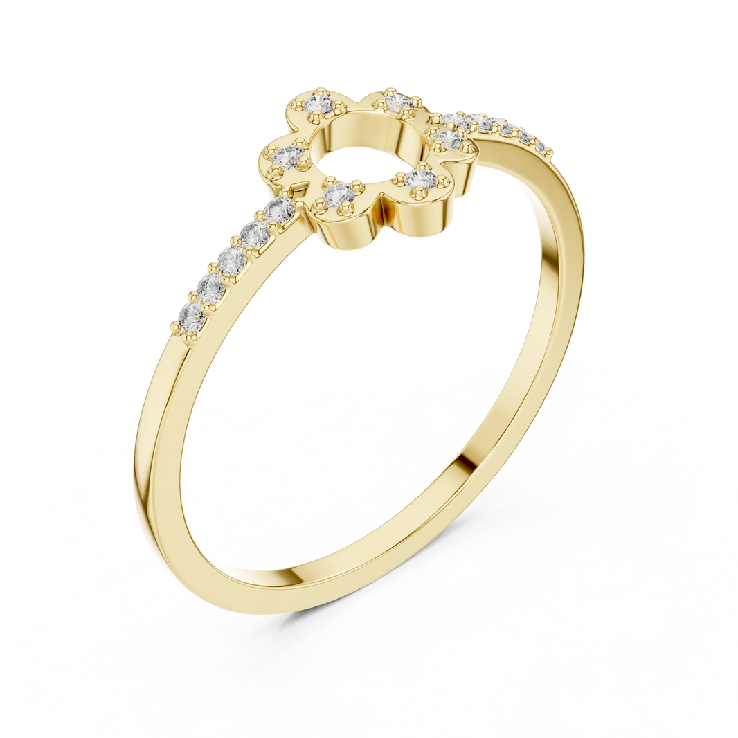Open Six Petal Flower Pavé Shoulder Moissanite Ring in yellow 925 sterling silver, view 2