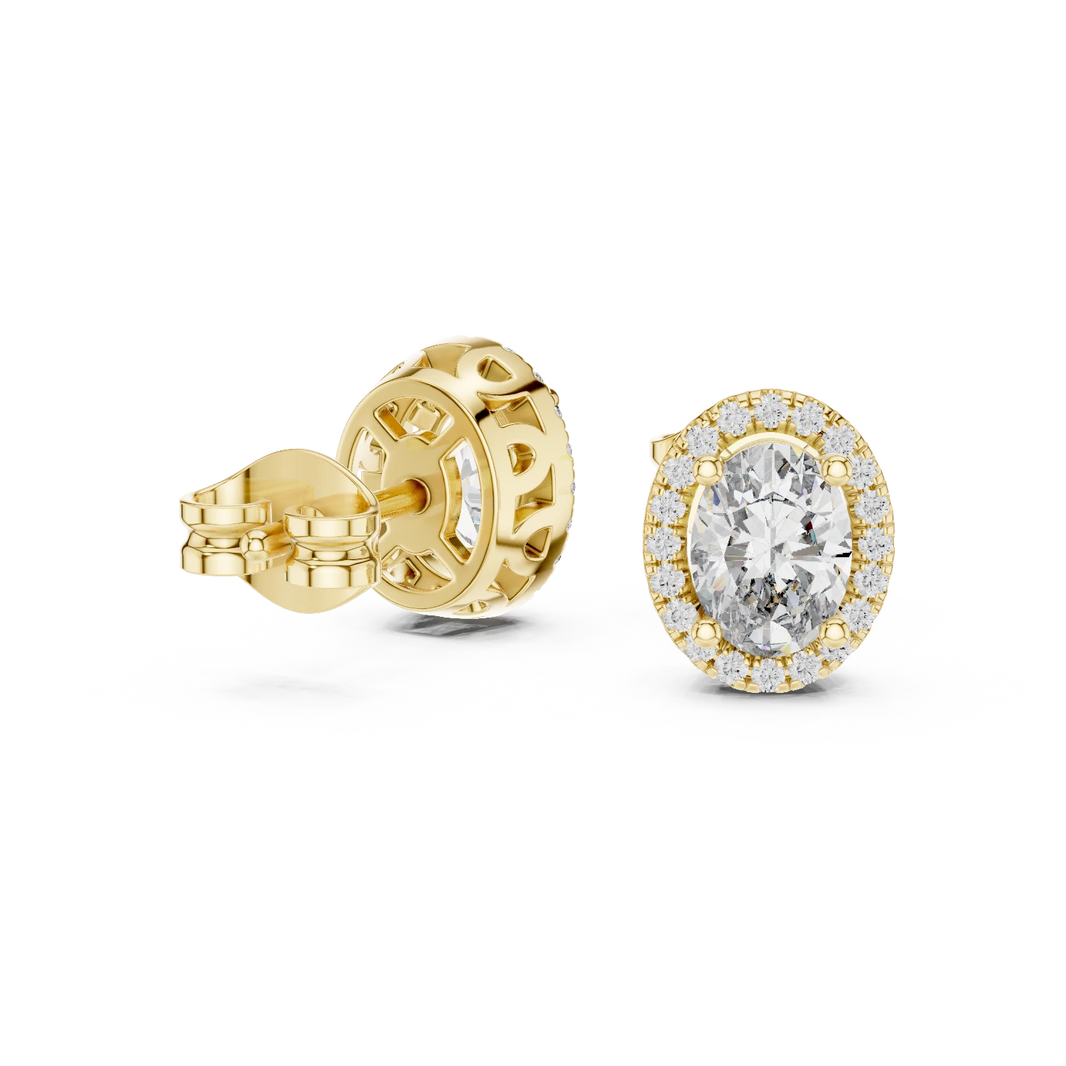 Oval Halo Moissanite Stud Earrings with Scroll Gallery in yellow 925 sterling silver, view 1