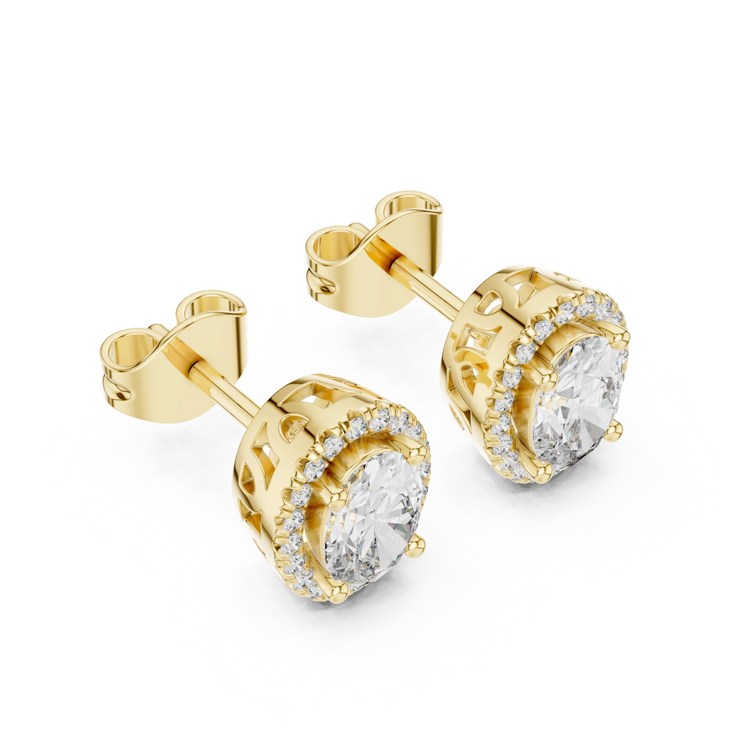 Oval Halo Moissanite Stud Earrings with Scroll Gallery in yellow 925 sterling silver, view 2