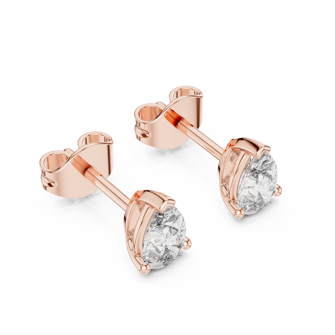 Pear Moissanite Three Prong Stud Earrings in rose 925 sterling silver, view 2