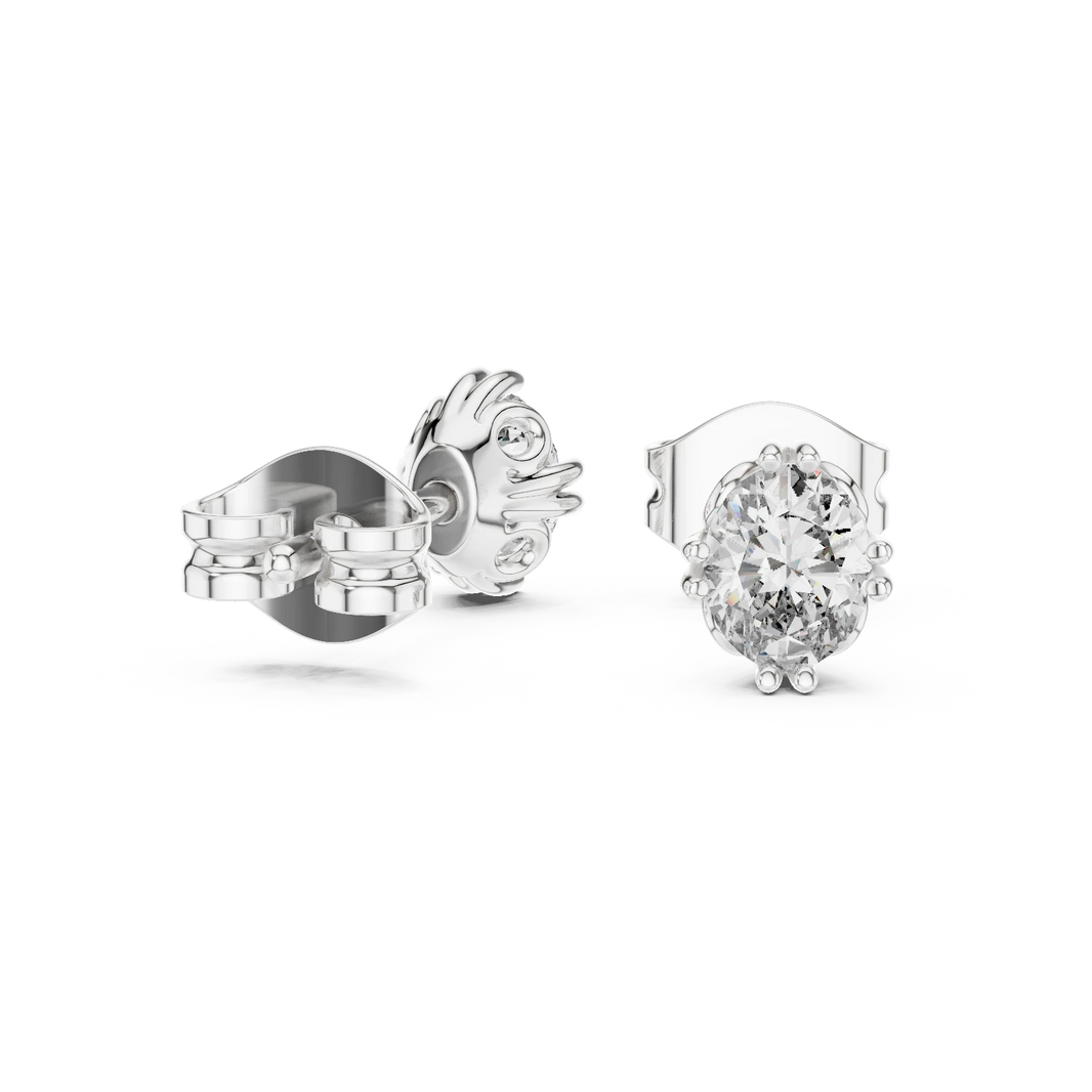 Oval Moissanite Stud Earrings with Sculpted Gallery in white 925 sterling silver, view 1
