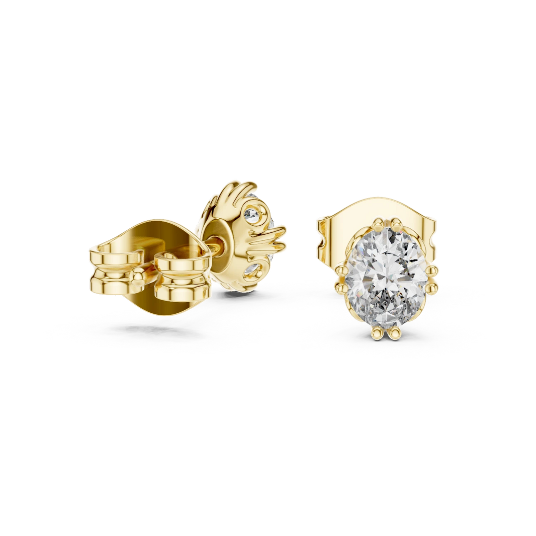 Oval Moissanite Stud Earrings with Sculpted Gallery in yellow 925 sterling silver, view 1