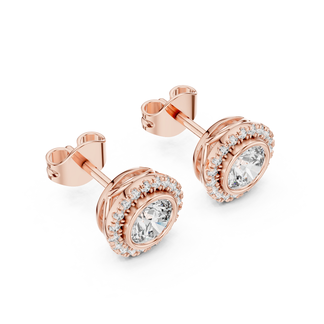 Round Bezel Halo Moissanite Stud Earrings in rose 925 sterling silver, view 2