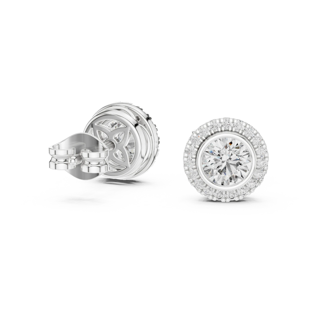 Round Bezel Halo Moissanite Stud Earrings in white 925 sterling silver, view 1