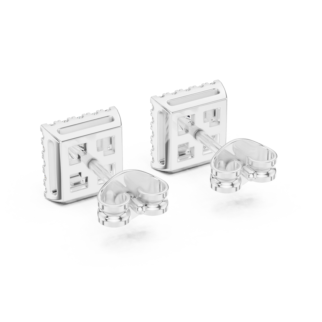Princess Cut Square Halo Moissanite Stud Earrings in white 925 sterling silver, view 3