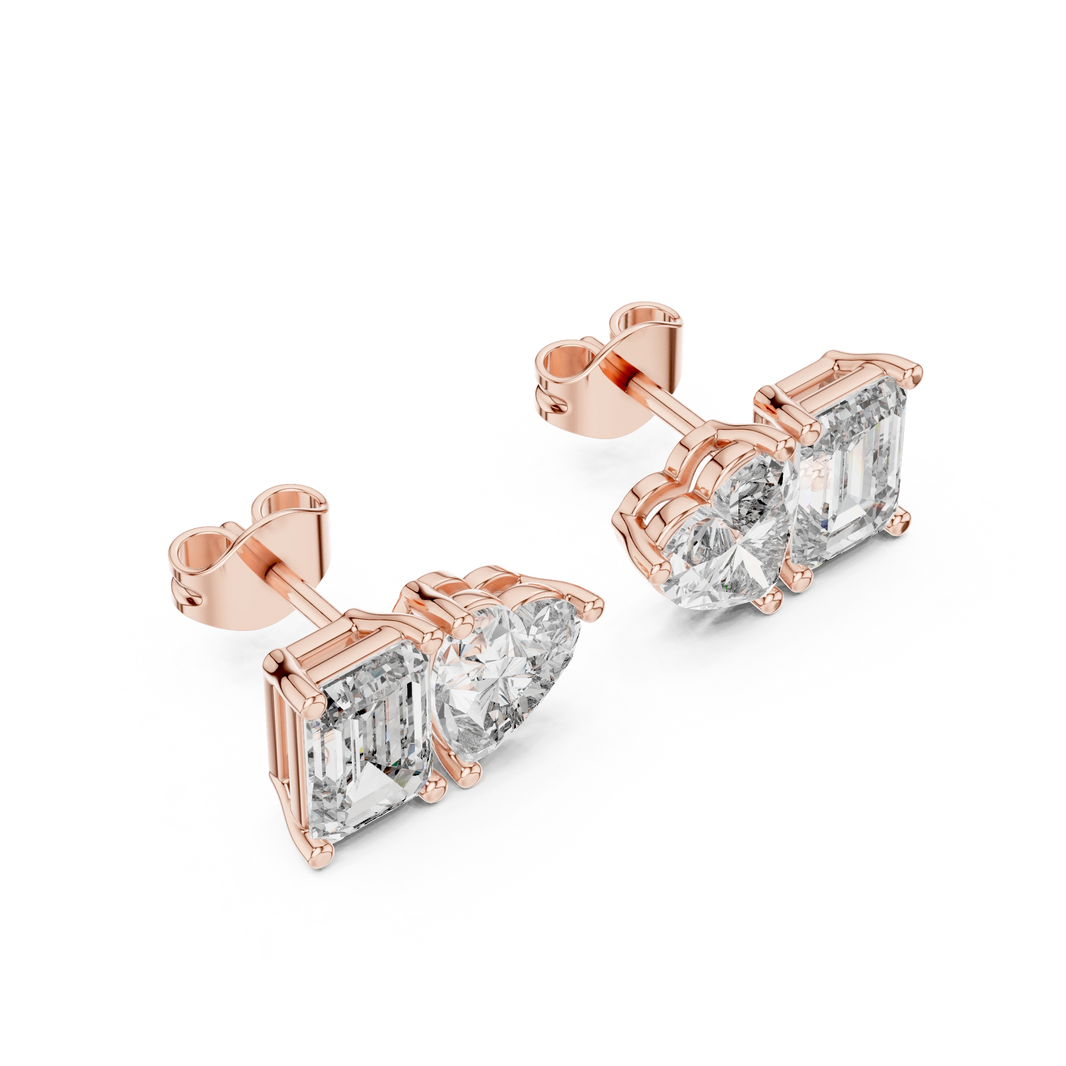 Emerald Cut and Heart Toi et Moi Moissanite Stud Earrings in rose 925 sterling silver, view 2