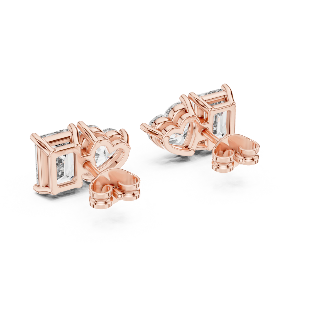 Emerald Cut and Heart Toi et Moi Moissanite Stud Earrings in rose 925 sterling silver, view 3