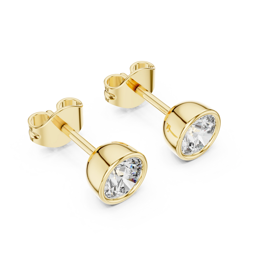 Round Bezel Moissanite Stud Earrings in yellow 925 sterling silver, view 2
