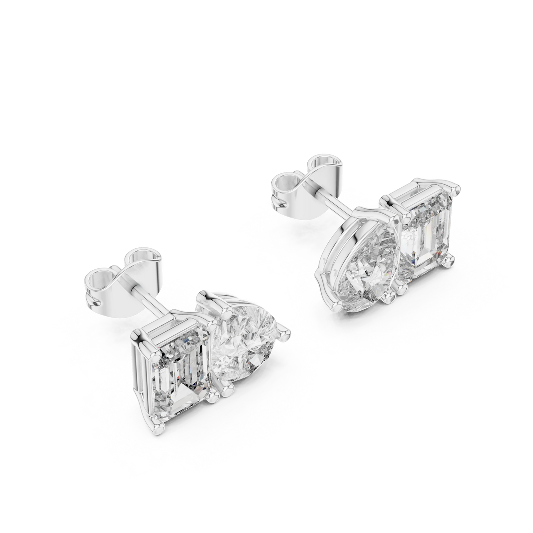 Emerald Cut and Pear Toi et Moi Moissanite Stud Earrings in white 925 sterling silver, view 2
