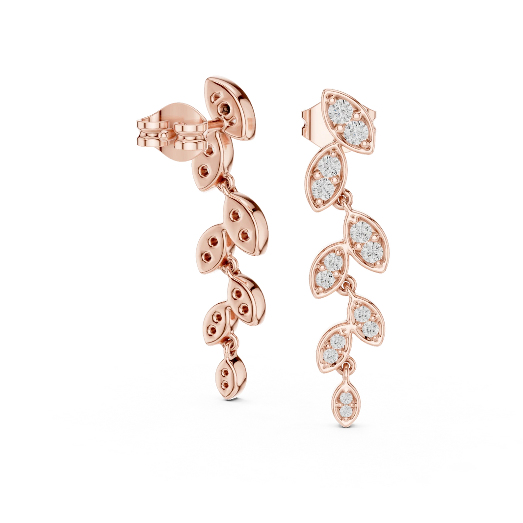 Moissanite Leaf Vine Drop Earrings in rose 925 sterling silver, view 1