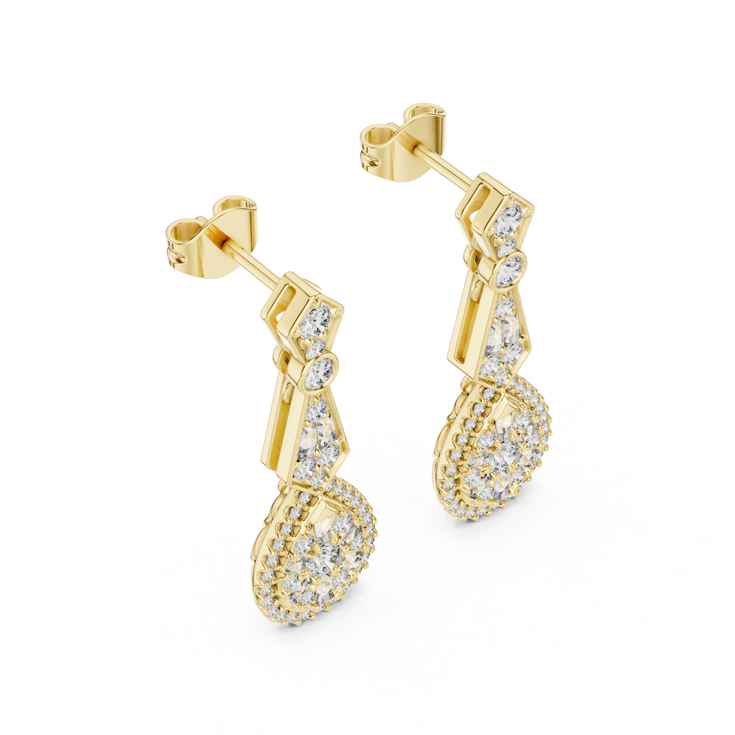 Art Deco Pear Halo Moissanite Drop Earrings in yellow 925 sterling silver, view 2