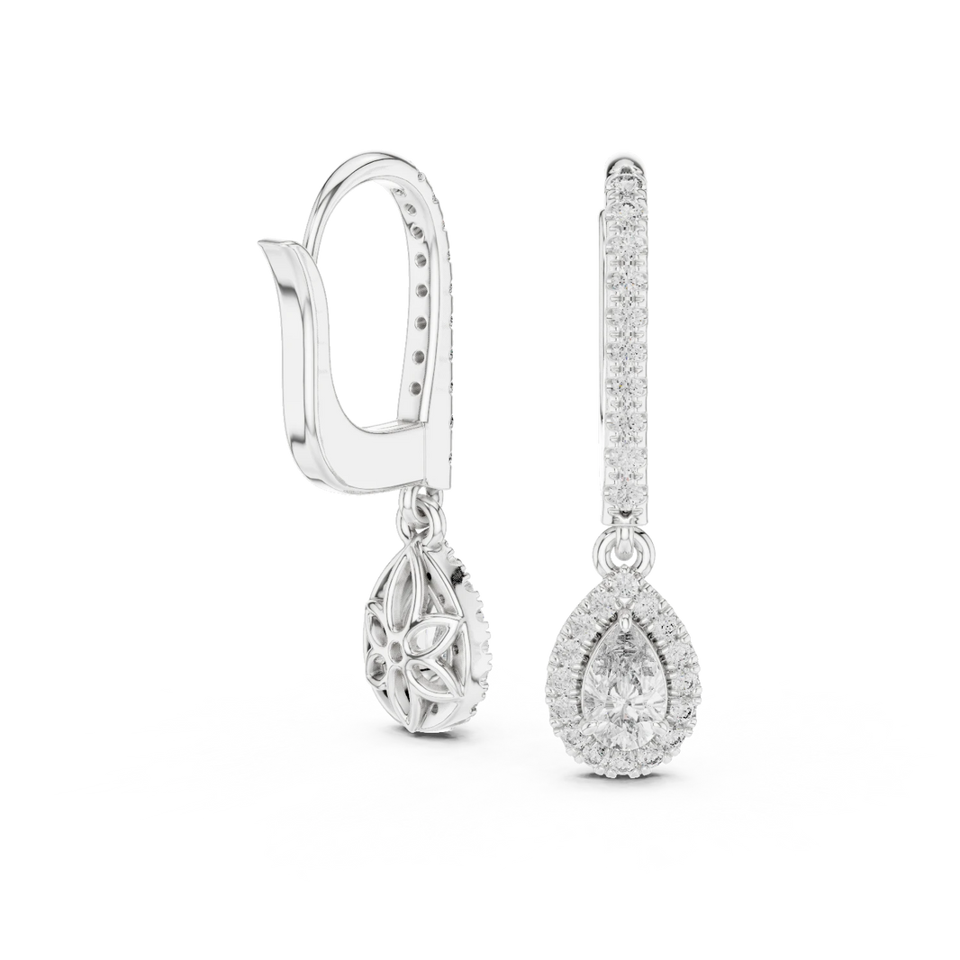 Pear Halo Moissanite Pavé Huggie Drop Earrings in white 925 sterling silver, view 1
