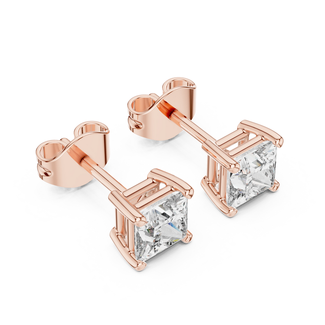 Princess Cut Moissanite Four Prong Stud Earrings in rose 925 sterling silver, view 2