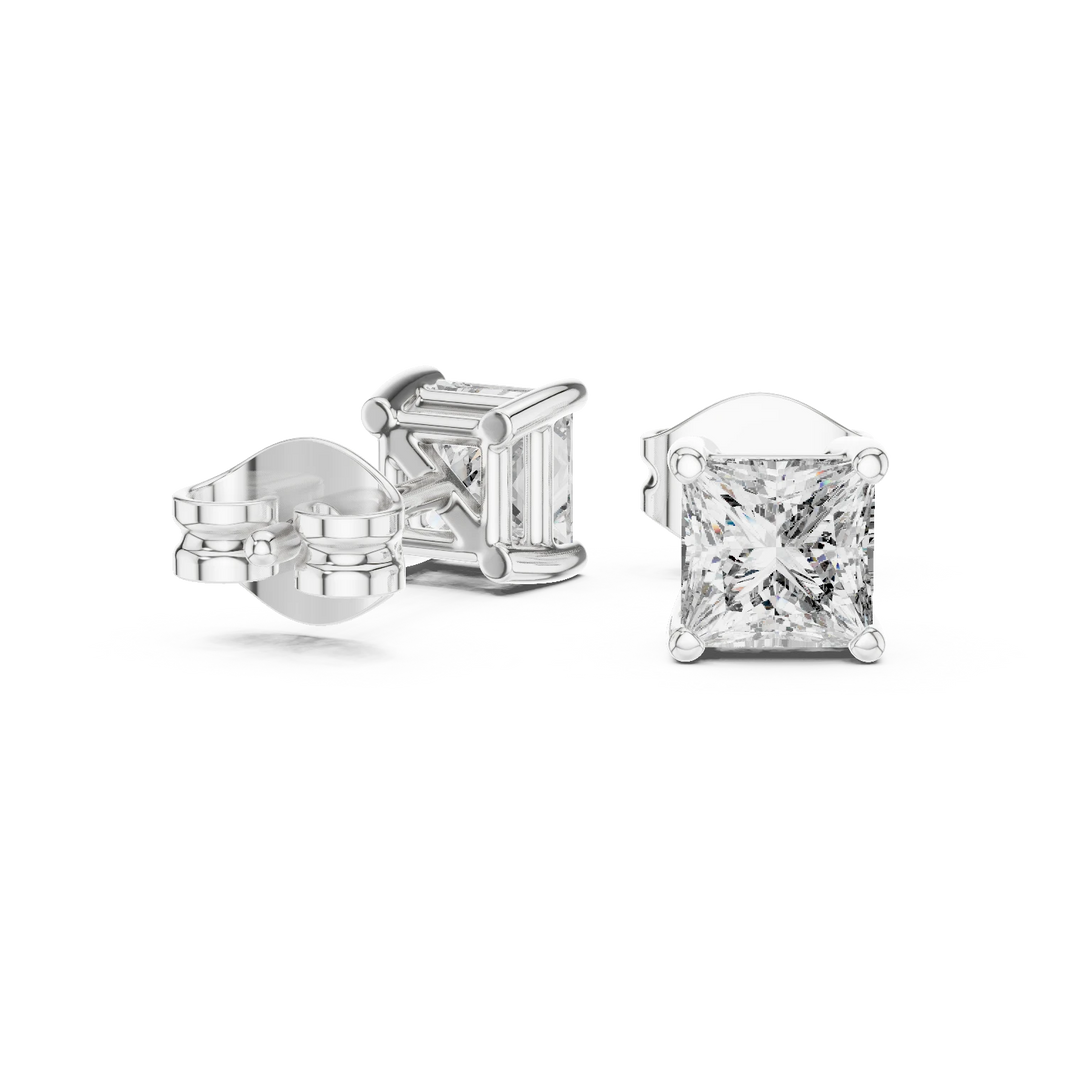 Princess Cut Moissanite Four Prong Stud Earrings in white 925 sterling silver, view 1