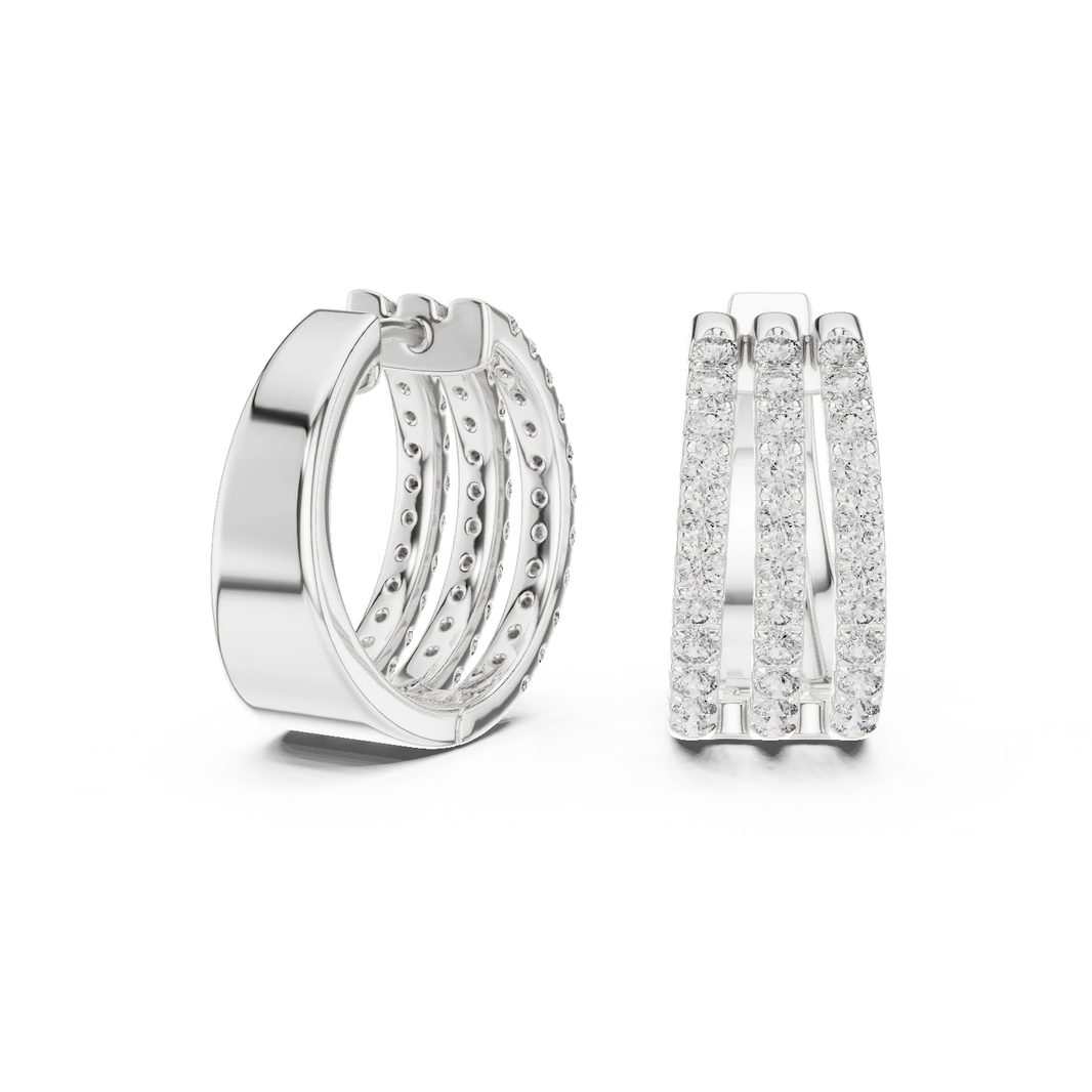 Wide Three Row Pavé Moissanite Huggie Hoop Earrings in white 925 sterling silver, view 1