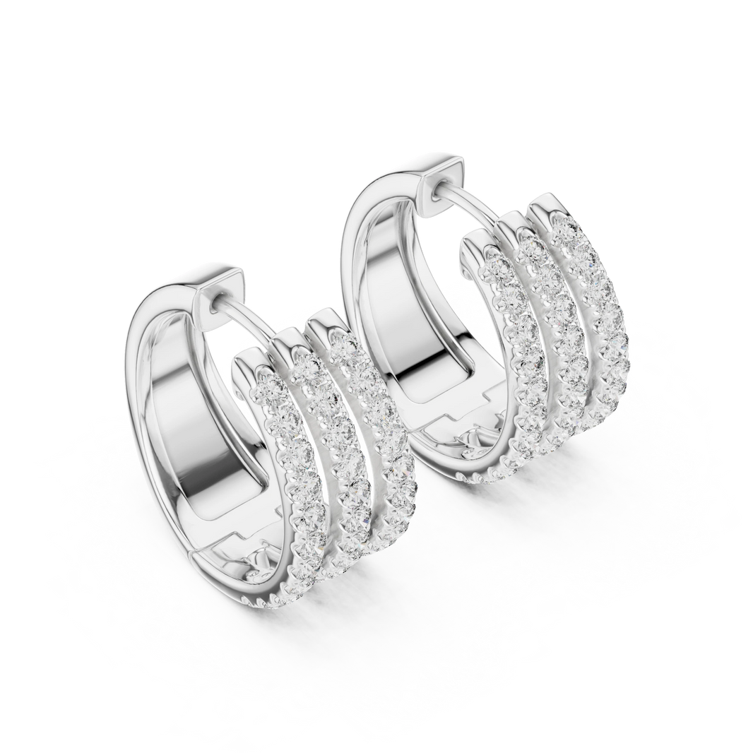 Wide Three Row Pavé Moissanite Huggie Hoop Earrings in white 925 sterling silver, view 2