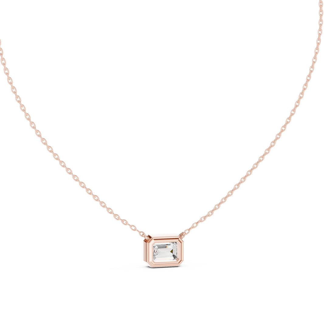East West Emerald Cut Moissanite Bezel Pendant in rose 925 sterling silver, view 4