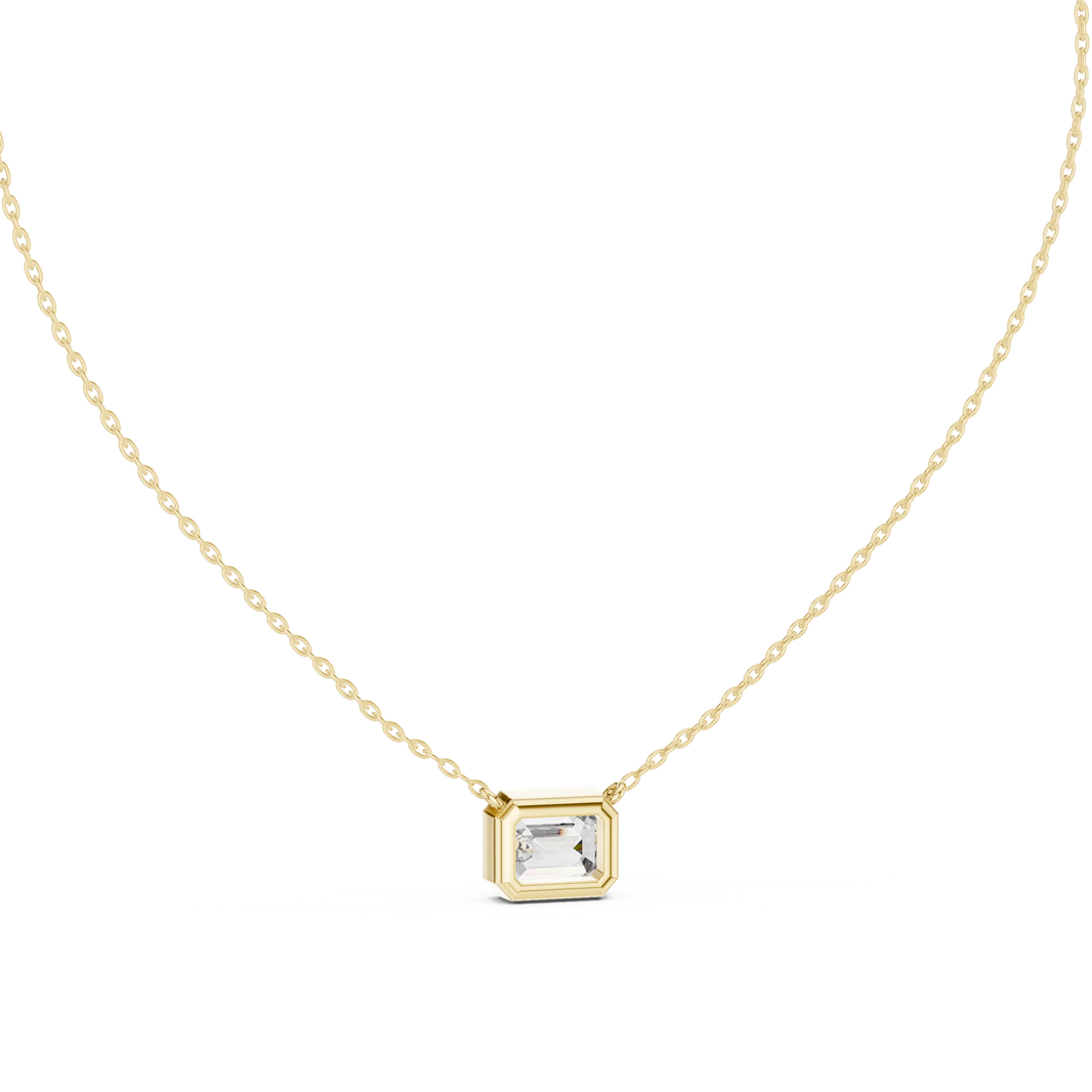 East West Emerald Cut Moissanite Bezel Pendant in yellow 925 sterling silver, view 4