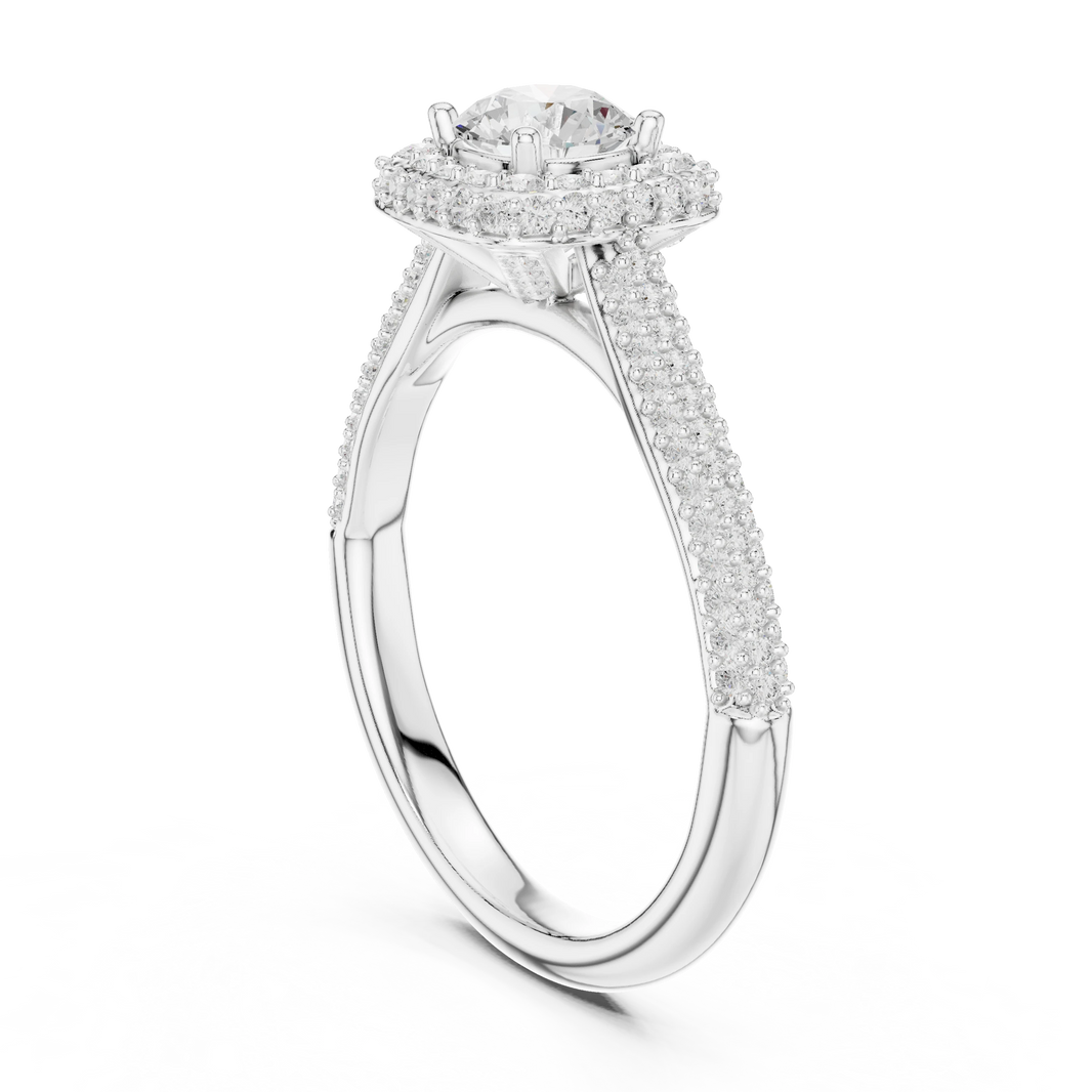 Cushion Double Halo Three Sided Pavé Moissanite Ring in white 925 sterling silver, view 1