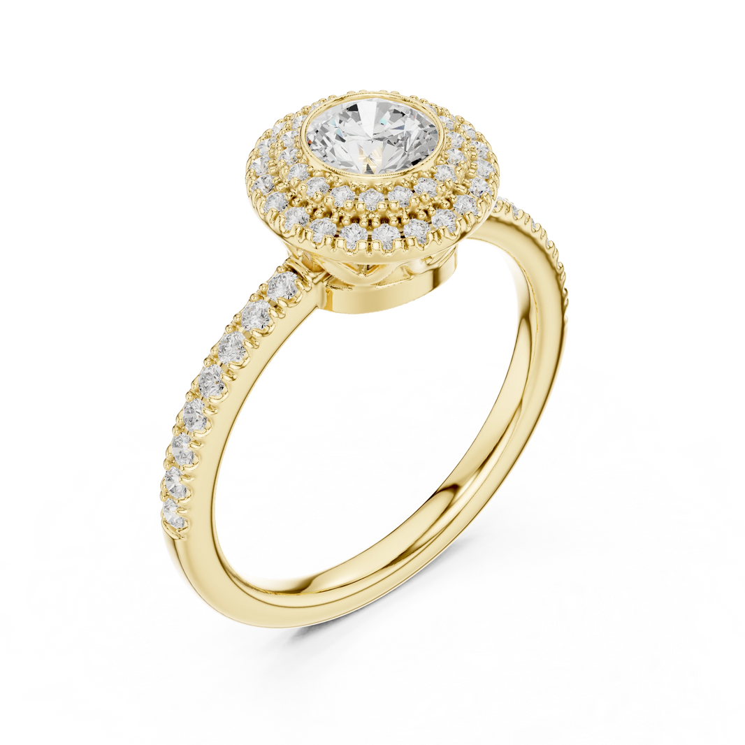 Bezel Set Round Double Halo Moissanite Engagement Ring in yellow 925 sterling silver, view 2