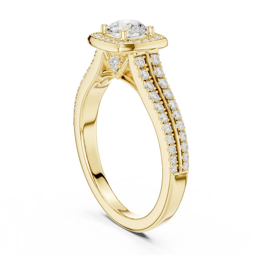 Cushion Halo Double Row Pavé Moissanite Engagement Ring in yellow 925 sterling silver, view 1