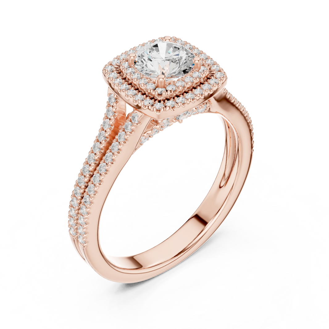 Square Cushion Double Halo Split Shank Moissanite Ring in rose 925 sterling silver, view 2