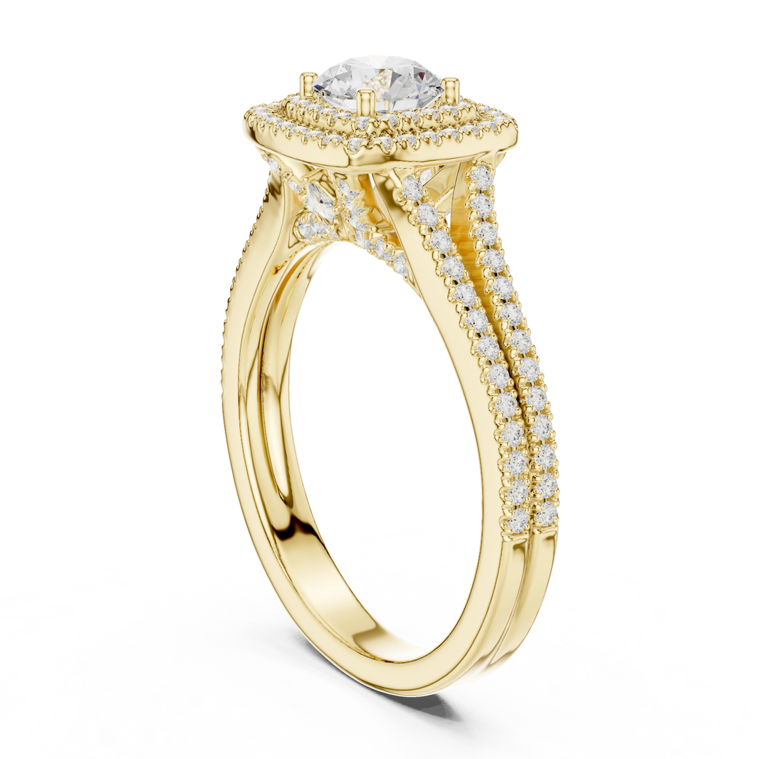 Square Cushion Double Halo Split Shank Moissanite Ring in yellow 925 sterling silver, view 1