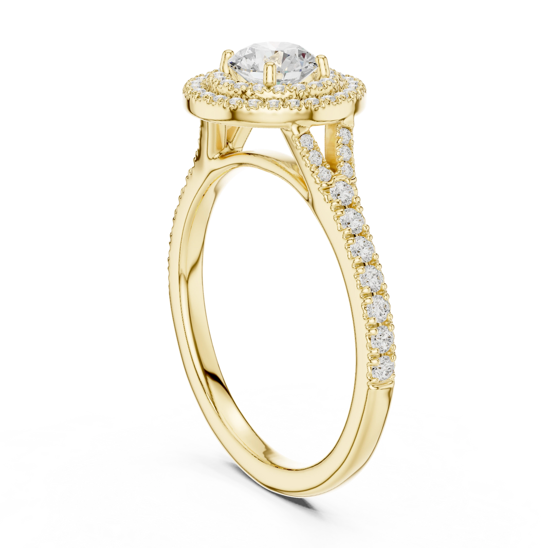 Round Double Halo Split Shank Moissanite Engagement Ring in yellow 925 sterling silver, view 1