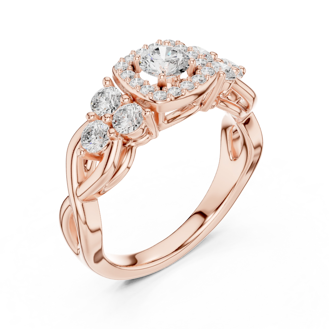Cushion Halo Six Side Stone Twist Moissanite Engagement Ring in rose 925 sterling silver, view 2