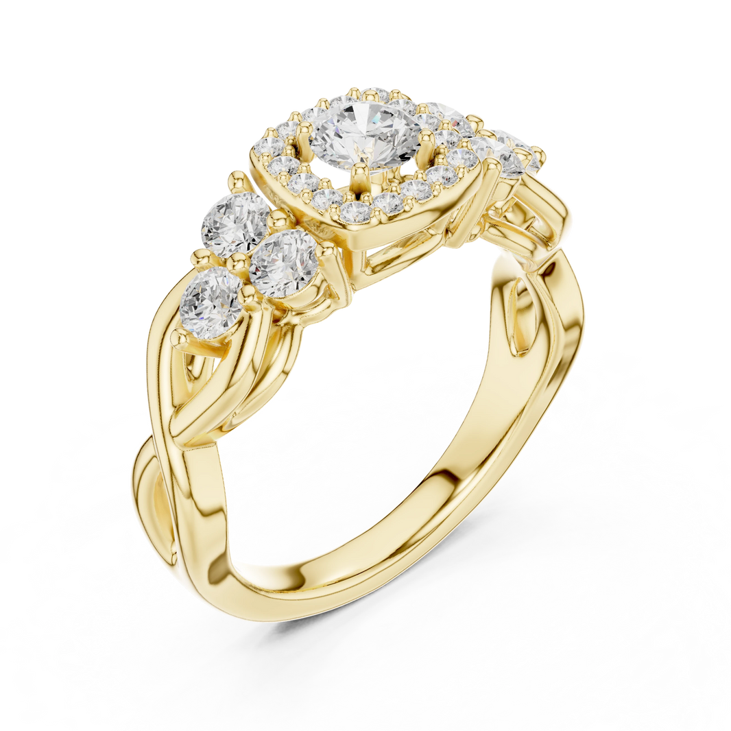 Cushion Halo Six Side Stone Twist Moissanite Engagement Ring in yellow 925 sterling silver, view 2