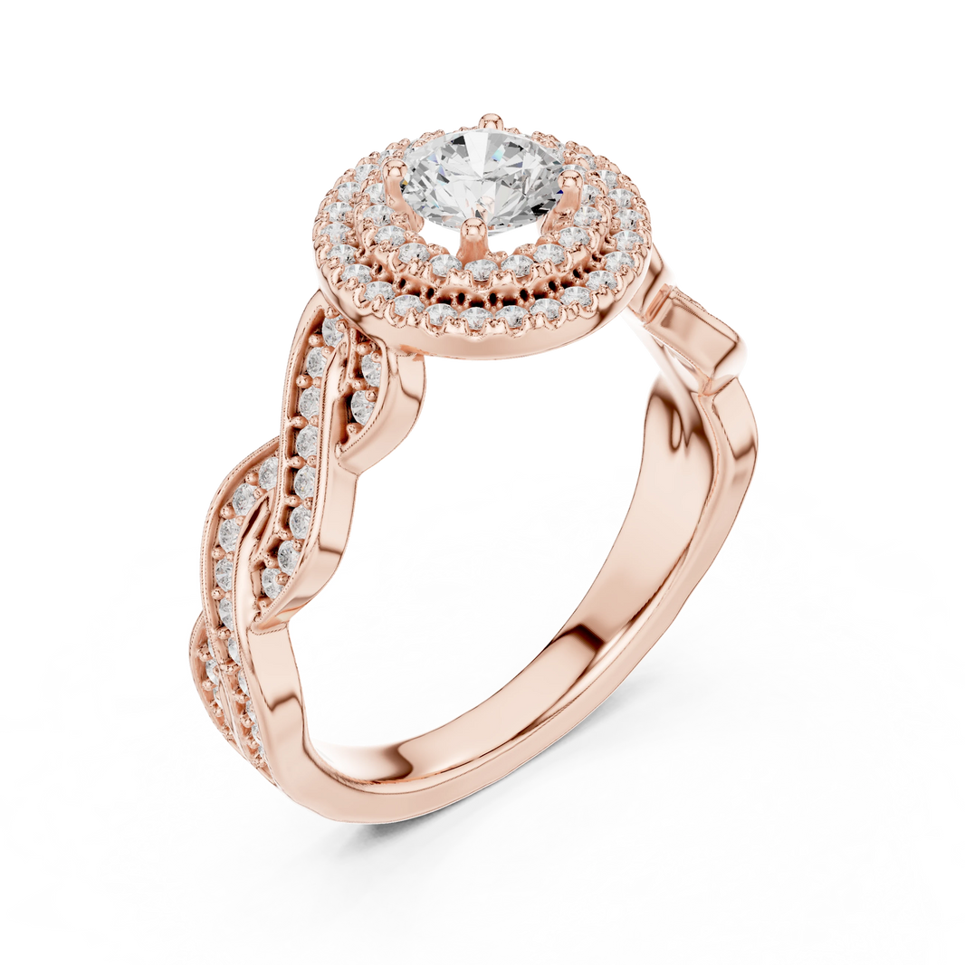 Round Double Halo Braided Pavé Moissanite Engagement Ring in rose 925 sterling silver, view 2