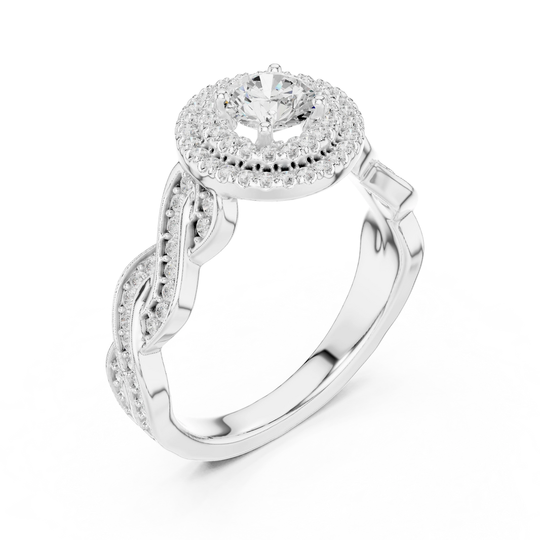 Round Double Halo Braided Pavé Moissanite Engagement Ring in white 925 sterling silver, view 2