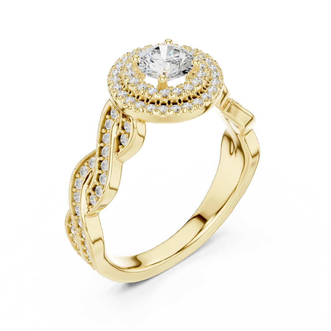 Round Double Halo Braided Pavé Moissanite Engagement Ring in yellow 925 sterling silver, view 2
