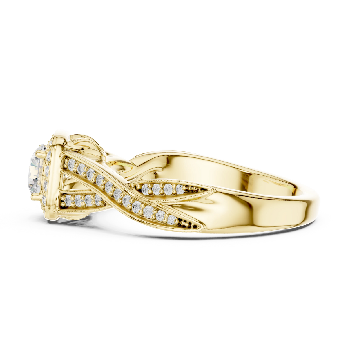 Cushion Halo Leaf Twist Pavé Moissanite Engagement Ring in yellow 925 sterling silver, view 3